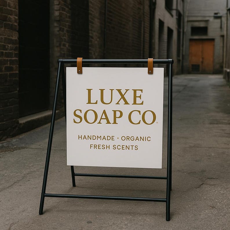 May include: A black metal A-frame sign with a white panel. The sign reads "LUXE SOAP CO." in gold lettering, with "HANDMADE &bull; ORGANIC &bull; FRESH SCENTS" below. The sign is held by brown leather straps.