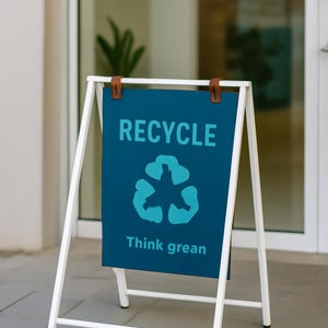 May include: A-frame sign with a white metal frame and a dark teal sign. The sign displays the word "RECYCLE" in large, light teal letters, along with the recycling symbol and the phrase "Think grean". The sign is held in place with brown leather straps.