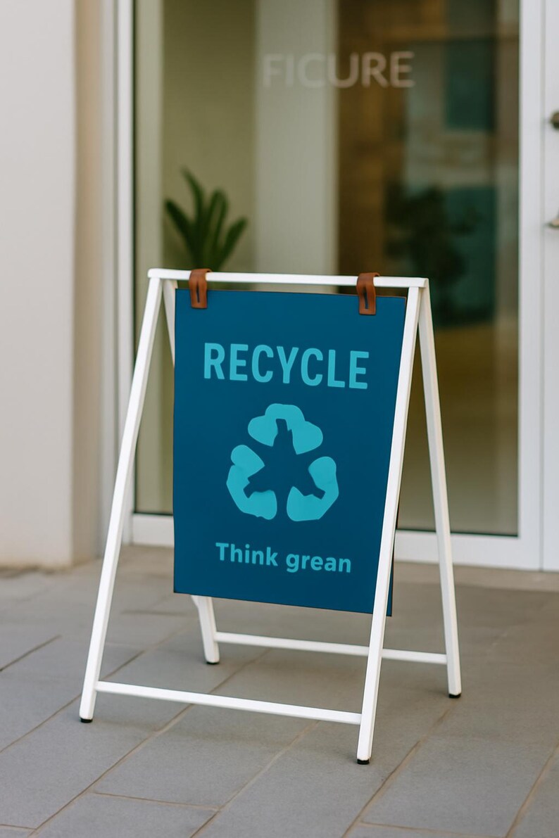 May include: A-frame sign with a white metal frame and a dark teal sign. The sign displays the word "RECYCLE" in large, light teal letters, along with the recycling symbol and the phrase "Think grean". The sign is held in place with brown leather straps.