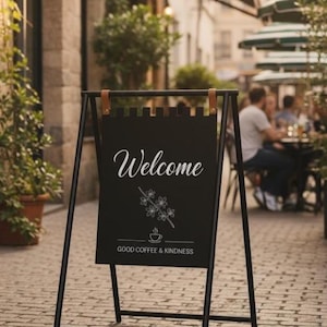 Può includere: Un cartello nero con la scritta "Welcome" in corsivo, un disegno floreale e il testo "GOOD COFFEE & KINDNESS". Il cartello è su un supporto in metallo nero con cinghie di cuoio.