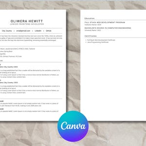 May include: A two-page resume template with the name OLIWERA HEWITT, Junior Frontend Developer, and contact information at the top. The resume includes sections for skills, experience, and education. The Canva logo is in the bottom right corner.