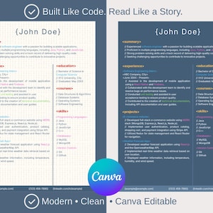 May include: A clean resume template with a modern design, featuring sections for summary, experience, education, projects, and skills. The text "Built Like Code. Read Like a Story." is at the top. The Canva logo is visible.