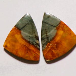 May include: Two triangular cabochons featuring a polished surface with a distinct color split. The top section is a muted grey with dark veining, while the bottom section displays a vibrant, marbled orange and amber pattern with smooth edges.
