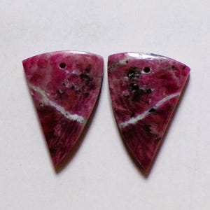 May include: Two triangular, polished gemstones with a vibrant pink hue, featuring dark and white veining. Each stone has a small hole at the top, suggesting they are intended for jewelry making. The stones are set against a plain white background.