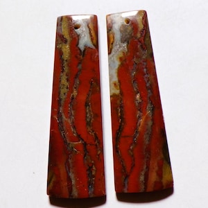 May include: Two rectangular, polished gemstone pendants. The pendants feature a striking pattern of red, gold, and white veining. Each pendant has a small hole at the top for stringing. The gemstones are ideal for jewelry making.