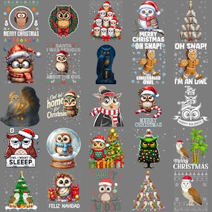 Può includere: Una collezione di illustrazioni di gufi a tema natalizio. I gufi sono raffigurati in vari contesti festivi, con cappelli di Babbo Natale e circondati da decorazioni natalizie. Il testo include "Merry Christmas" e altre frasi stagionali.