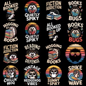 Può includere: Una collezione di disegni circolari colorati con ricci di cartoni animati. Ogni disegno include testo come "All Booked Up", "Quietly Spiky" e "Hogging All Books". I ricci sono raffigurati con libri, occhiali da sole e in varie pose su sfondi di tramonto.