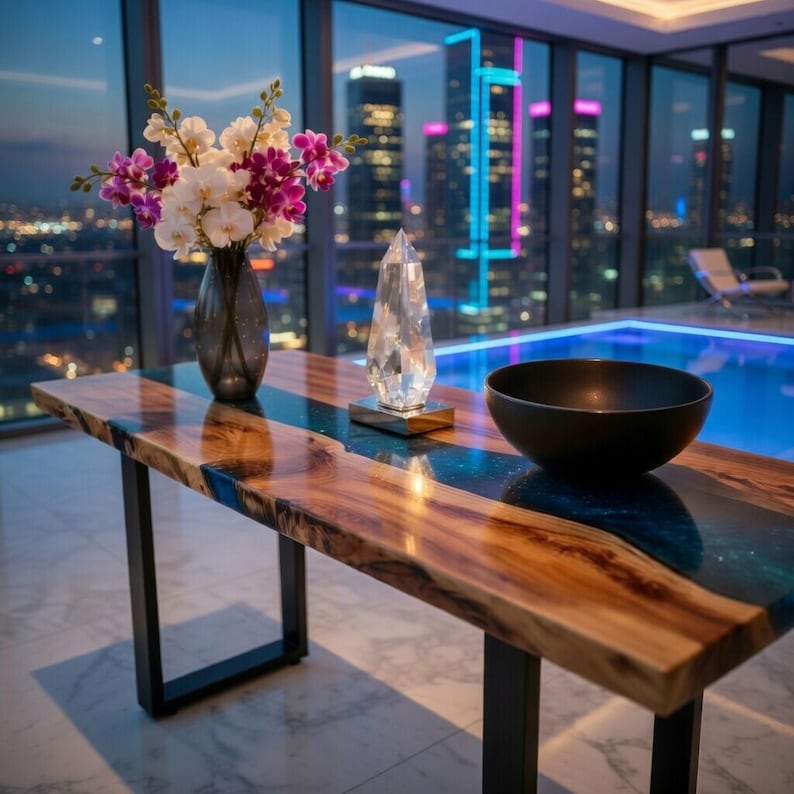 May include: A modern wooden table with a blue resin river design. The table features a black metal base, a black bowl, a crystal sculpture, and a vase of flowers. The background shows a city skyline at dusk.