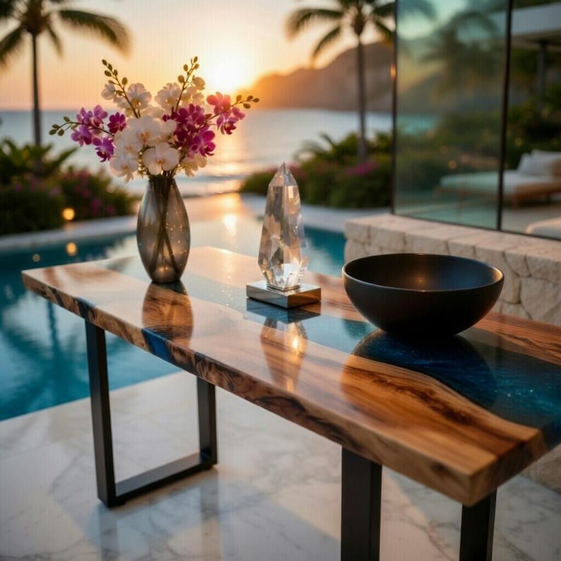 May include: A wooden table with a blue resin inlay and black metal legs. A vase of flowers, a crystal, and a black bowl are on the table. The background features a pool, ocean, and sunset.