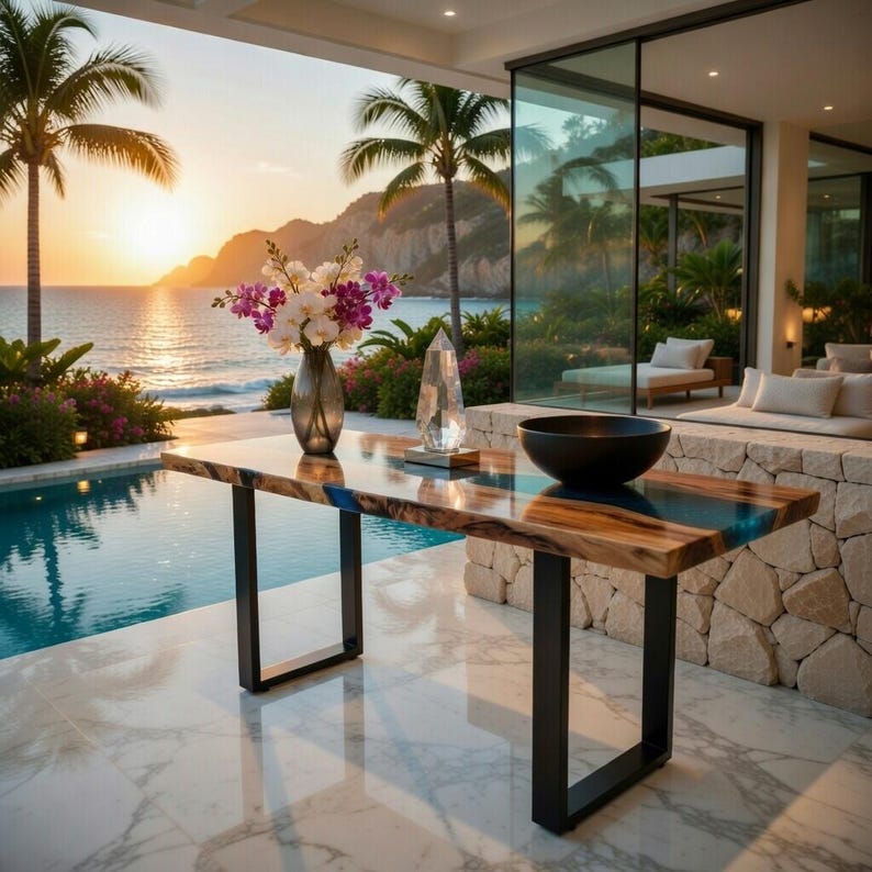 May include: A wooden table with a blue resin inlay and black metal legs. A clear glass vase with flowers, a crystal, and a black bowl are on the table. The table is on a patio overlooking a pool and ocean.
