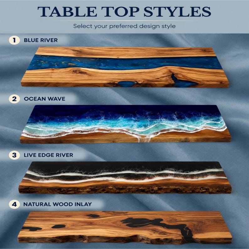 May include: Image showcasing four table top styles. The styles include Blue River, Ocean Wave, Live Edge River, and Natural Wood Inlay. Each design features a wooden base with unique resin inlays, creating a visually appealing contrast of textures and colors.