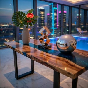 May include: A modern wooden table with a live edge, featuring a blue resin river. The table is adorned with a vase of flowers, a gold sculpture, and a reflective silver sphere. The table has black metal legs and is set against a cityscape backdrop.