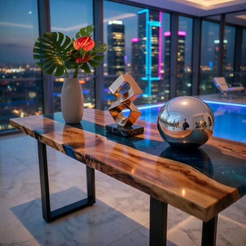 May include: A modern wooden table with a live edge, featuring a blue resin river. The table is adorned with a vase of flowers, a gold sculpture, and a reflective silver sphere. The table has black metal legs and is set against a cityscape backdrop.