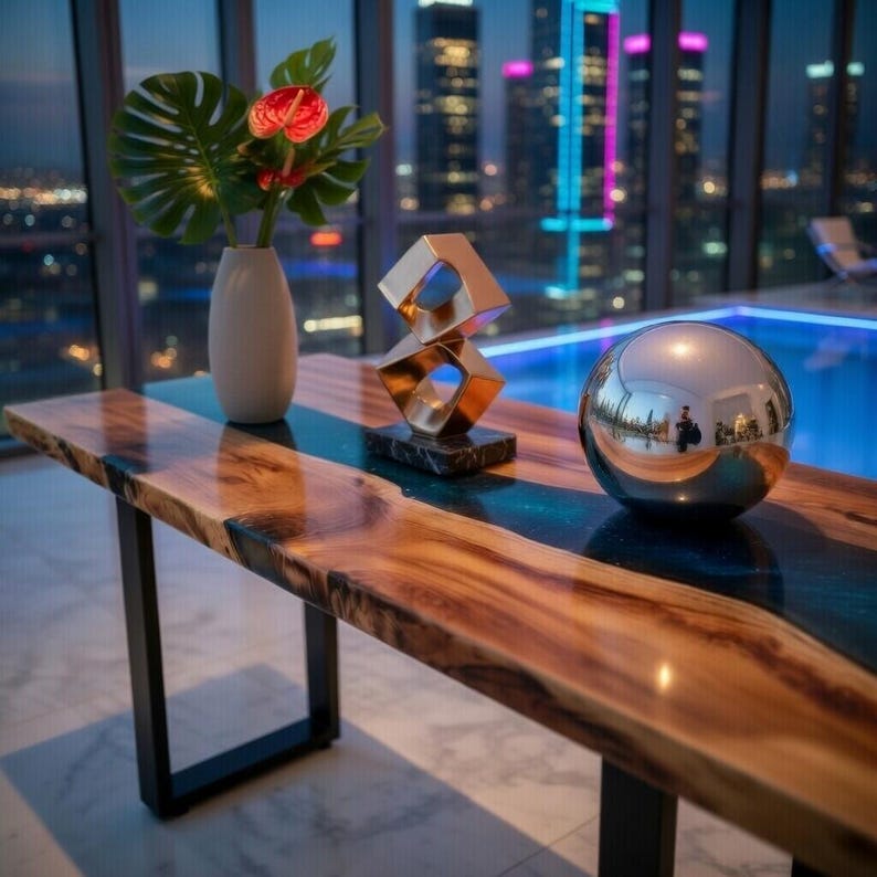 May include: A modern wooden table with a blue resin inlay, featuring a vase with red flowers and a metallic sculpture. A reflective silver sphere sits on the table, with a city skyline visible in the background.