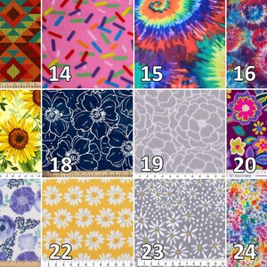 May include: A grid of twelve fabric swatches labeled 13 through 24, featuring patterns including geometric shapes, colorful sprinkles, tie-dye swirls, sunflowers, floral outlines, daisies, and abstract paint splatters in various vibrant colors.