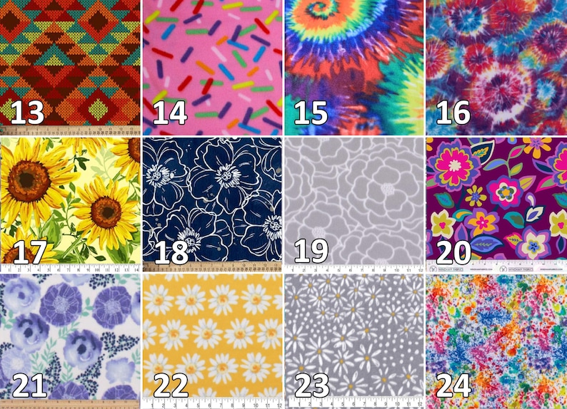 May include: A grid of twelve fabric swatches labeled 13 through 24, featuring patterns including geometric shapes, colorful sprinkles, tie-dye swirls, sunflowers, floral outlines, daisies, and abstract paint splatters in various vibrant colors.