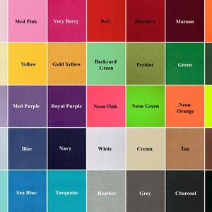 May include: A color chart featuring thirty-five distinct square swatches arranged in a grid. Each square displays a unique solid color with its corresponding name printed in black text, including shades like light pink, red, neon green, and black.