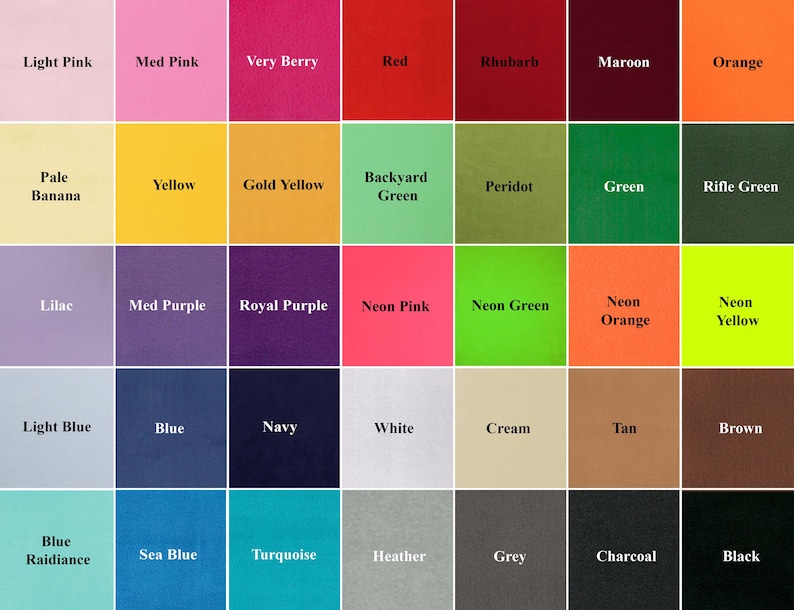 May include: A color chart featuring thirty-five distinct square swatches arranged in a grid. Each square displays a unique solid color with its corresponding name printed in black text, including shades like light pink, red, neon green, and black.
