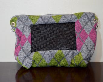 Pink Argyle Sweater Fleece Zippered Bonding Bag/Pouch/Carrier with Screen and Adjustable Strap for Hedgehog, Rat, Sugar Gliders or Small Pet