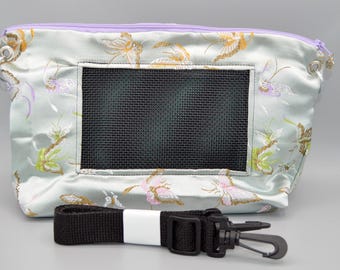 NEW! Silver Blue Butterfly Satin Embroidered Brocade Bonding Pouch, Bag or Purse w/Screen for Hedgehog, Rat, Sugar Gliders or Small Pet