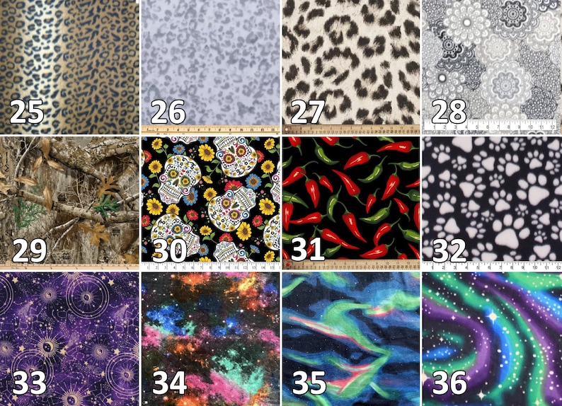 May include: A collection of twelve fabric swatches featuring various patterns including leopard print, floral mandalas, camouflage, sugar skulls with sunflowers, red and green chili peppers, white paw prints, celestial motifs, and colorful galaxy nebula designs.
