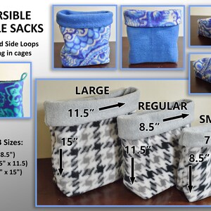 May include: Reversible snuggle sacks in three sizes: large 11.5 inches by 15 inches, regular 8.5 inches by 11.5 inches, and small 7 inches by 8.5 inches. The sacks feature blue patterned or black and white houndstooth fleece fabric with solid color interiors.
