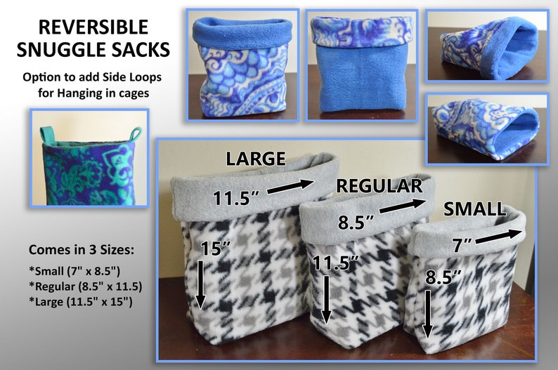 May include: Reversible snuggle sacks in three sizes: large 11.5 inches by 15 inches, regular 8.5 inches by 11.5 inches, and small 7 inches by 8.5 inches. The sacks feature blue patterned or black and white houndstooth fleece fabric with solid color interiors.