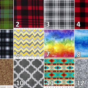 May include: A grid of twelve fabric swatches featuring various patterns including plaid, chevron, watercolor rainbow, blue ombre, botanical line art, quatrefoil, geometric tribal, and floral motifs, each labeled with a white number from 1 to 12.