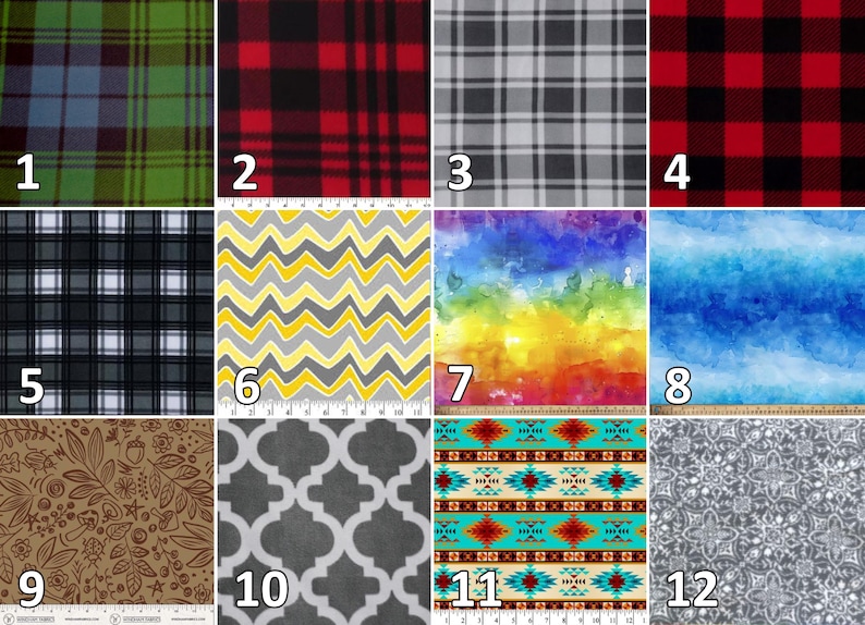 May include: A grid of twelve fabric swatches featuring various patterns including plaid, chevron, watercolor rainbow, blue ombre, botanical line art, quatrefoil, geometric tribal, and floral motifs, each labeled with a white number from 1 to 12.