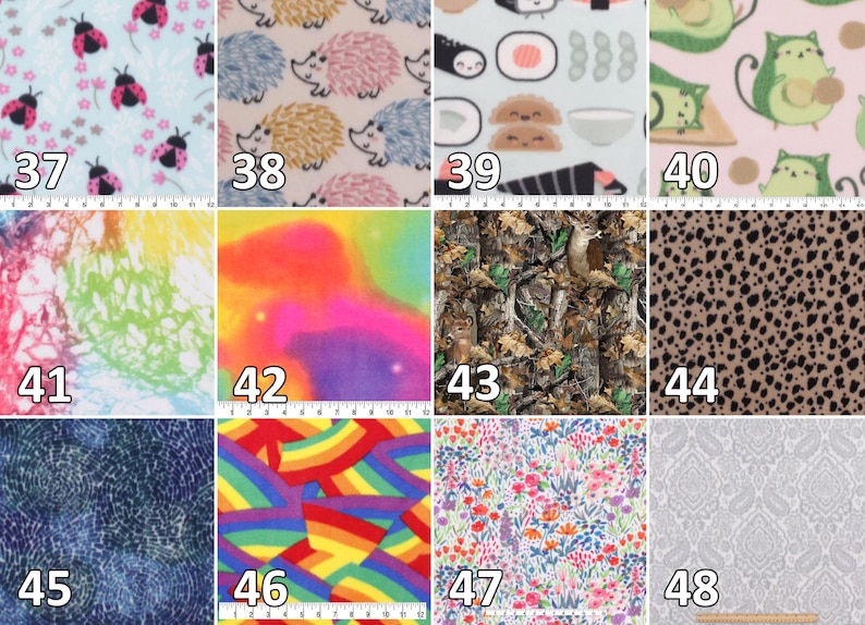 May include: A grid of twelve fabric swatches labeled 37 through 48, featuring patterns including ladybugs, hedgehogs, sushi, cats, tie-dye, camouflage, leopard print, abstract swirls, rainbows, floral prints, and a gray damask design.
