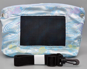 NEW! Light Blue Fish Satin Embroidered Brocade Bonding Pouch, Bag or Purse w/Screen for Hedgehog, Rat, Sugar Gliders or Small Pet