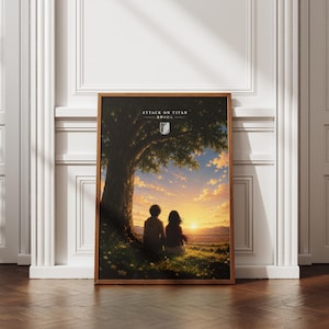 Puede incluir: Una impresión de arte mural rectangular enmarcada con una ilustración estilo anime de dos figuras sentadas bajo un gran árbol al atardecer. El texto "ATTACK ON TITAN" y caracteres japoneses están impresos en la parte superior central.