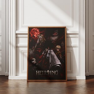 May include: A rectangular framed poster featuring dark, atmospheric anime artwork with a prominent red moon, multiple characters, and a large silver handgun. The text HELLSING ULTIMATE is printed in a bold, stylized font at the bottom of the artwork.