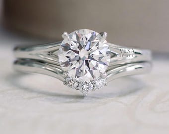 Split Shank Engagement Ring Set with Curved Eternity Band, 1.4 Ct Round Cut Moissanite Ring Set, Bridal Ring Set, 14K White Gold Plated