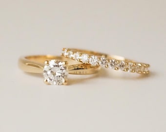 Moissanite Wedding Ring Set: 1.4 Ct Round, 14K Yellow Gold Plated, Solitaire Ring Set, Engagement Ring Set with Half Eternity Band