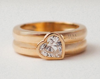 Heart Cut Moissanite Bezel Set Wide Band Ring, Love Heart Proposal Ring for Bridal, 1.5 Ct Heart Cut Moissanite Ring, 14K Yellow Gold Plated