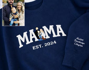 Embroidered Mama Sweatshirt with Photo, Custom Embroidered Shirt Mama and Kids Portrait, Varsity Shirt, Embroidery Shirt For Mom Mama Mommy