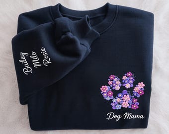 Custom Floral Dog Mama Embroidered Shirt, Personalized Pet Name Embroidery Sweatshirt, Flower Paw Print Crewneck, New Dog Mom Gift Idea