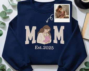 Custom Mama Embroidered weatshirt with Photo, Embroidered Mama and Kids Portrait, Varsity Shirt, Custom Embroidery Shirt For Mom Mama Mommy