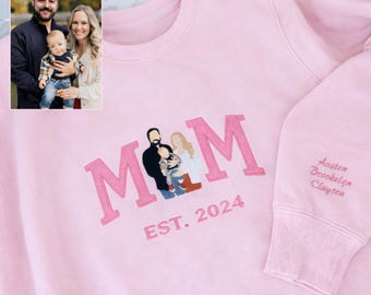 Embroidered Mama Sweatshirt with Photo, Custom Embroidered Shirt Mama and Kids Portrait, Varsity Shirt, Embroidery Shirt For Mom Mama Mommy