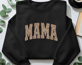 Custom Embroidered Leopard Mama Letters Sweatshirt, Grandma Shirt With Date, Mama Est Year Shirt, Gift For New Mom, Mothers Day Gift