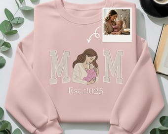 Custom Mama Embroidered weatshirt with Photo, Embroidered Mama and Kids Portrait, Varsity Shirt, Custom Embroidery Shirt For Mom Mama Mommy