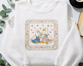Embroidered Thrifted Geese Sweatshirt, Vintage Grandma Geese Shirt, Cottagecore Folk Art Goose, Cozy Retro Animal Tee, Animal Lover Gift