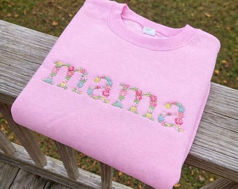 Embroidered Floral Mama Sweatshirt, Custom Embroidered Floral Letter Sweatshirt, Personalized Mother Day's Gift, Custom Embroidered Crewneck
