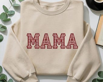 Custom MAMA Embroidered Gingham Letters Sweatshirt, Grandma Shirt With Date, Mama Est Year Shirt, Gift For New Mom, Mothers Day Gift