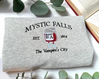 Mystic Falls Embroidered Sweatshirt, Vampire Blood Bag Pullover, The Vampire Diaries Inspired Gift