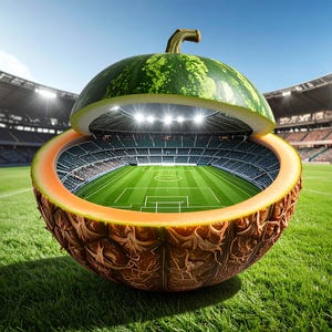 Puede incluir: Imagen compuesta y surrealista de un estadio de fútbol dentro de una piña cortada por la mitad, con una cáscara de sandía en la parte superior. Se ve el campo verde y los asientos del estadio, sobre un cielo azul brillante.