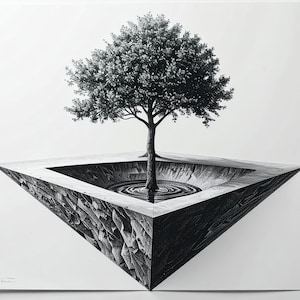 May include: Monochrome art print featuring a tree emerging from a geometric form. The tree stands in a square basin with water ripples. The structure is set against a white backdrop, creating a strong contrast. The artwork is a study in perspective.