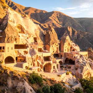Puede incluir: Una vista pintoresca de un asentamiento excavado en la roca, ubicado en una montaña. Las estructuras, talladas en la roca dorada, presentan puertas arqueadas y ventanas rectangulares. El paisaje está bañado por la cálida luz del sol, con colinas onduladas al fondo.