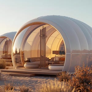 Puede incluir: Dos estructuras modernas en forma de cúpula blanca con grandes ventanas de vidrio curvadas. Los interiores cuentan con asientos y camas. Las estructuras están ubicadas sobre plataformas de madera en un paisaje desértico con matorrales secos y montañas al fondo.